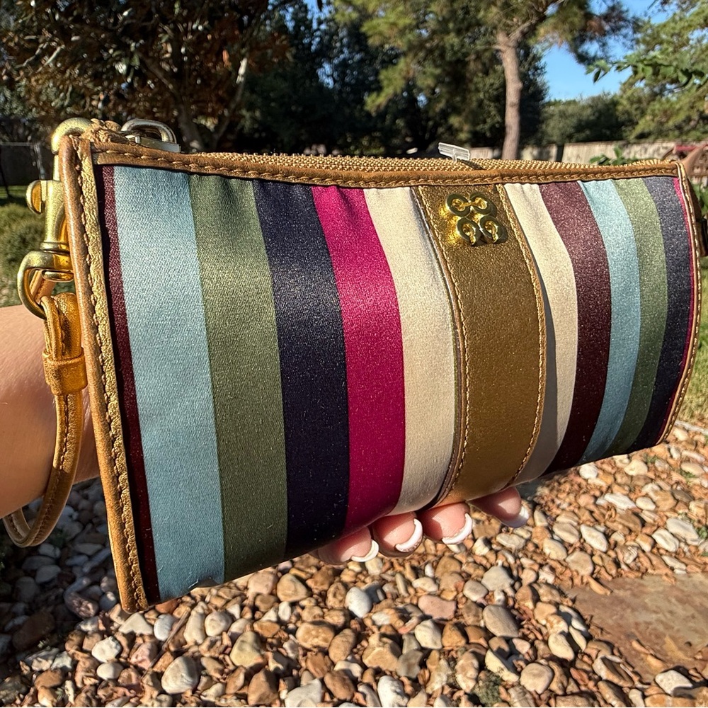 COACH Julia Multicolor Legacy striped zip around wristlet Gold Colorful 7”x4”EUC - Picture 15 of 16